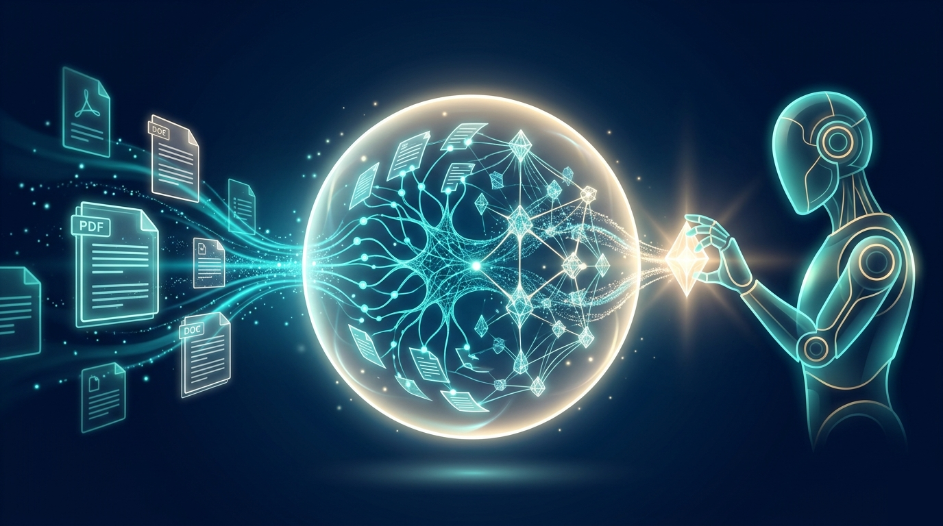 Knowledge Base - Documents flowing into AI processing orb with agent retrieving insights